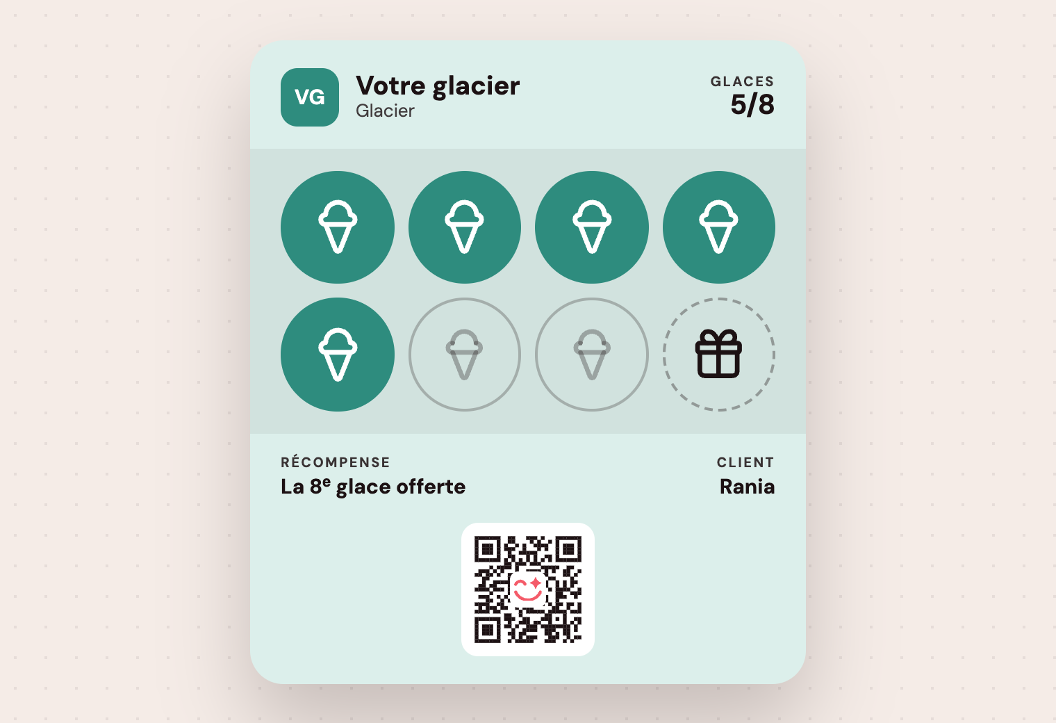 Carte « Votre glacier » vert clair : 5 glaces sur 8