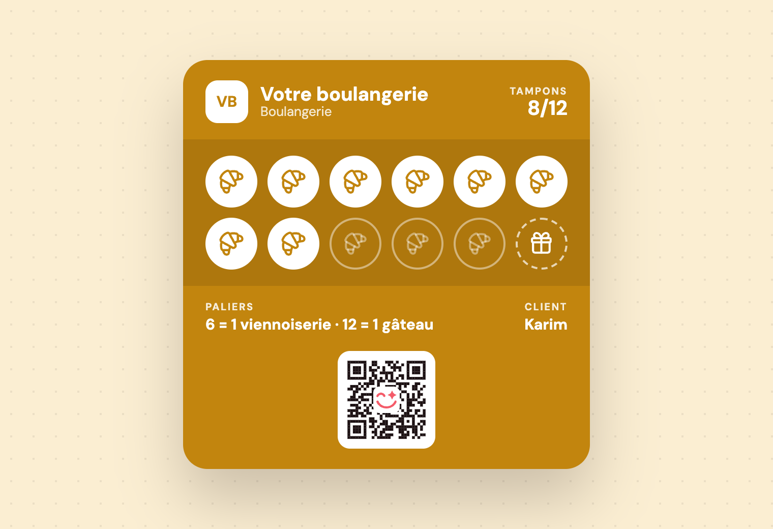 Carte « Votre boulangerie » avec 12 cases et deux cadeaux, à la 6ᵉ et à la 12ᵉ