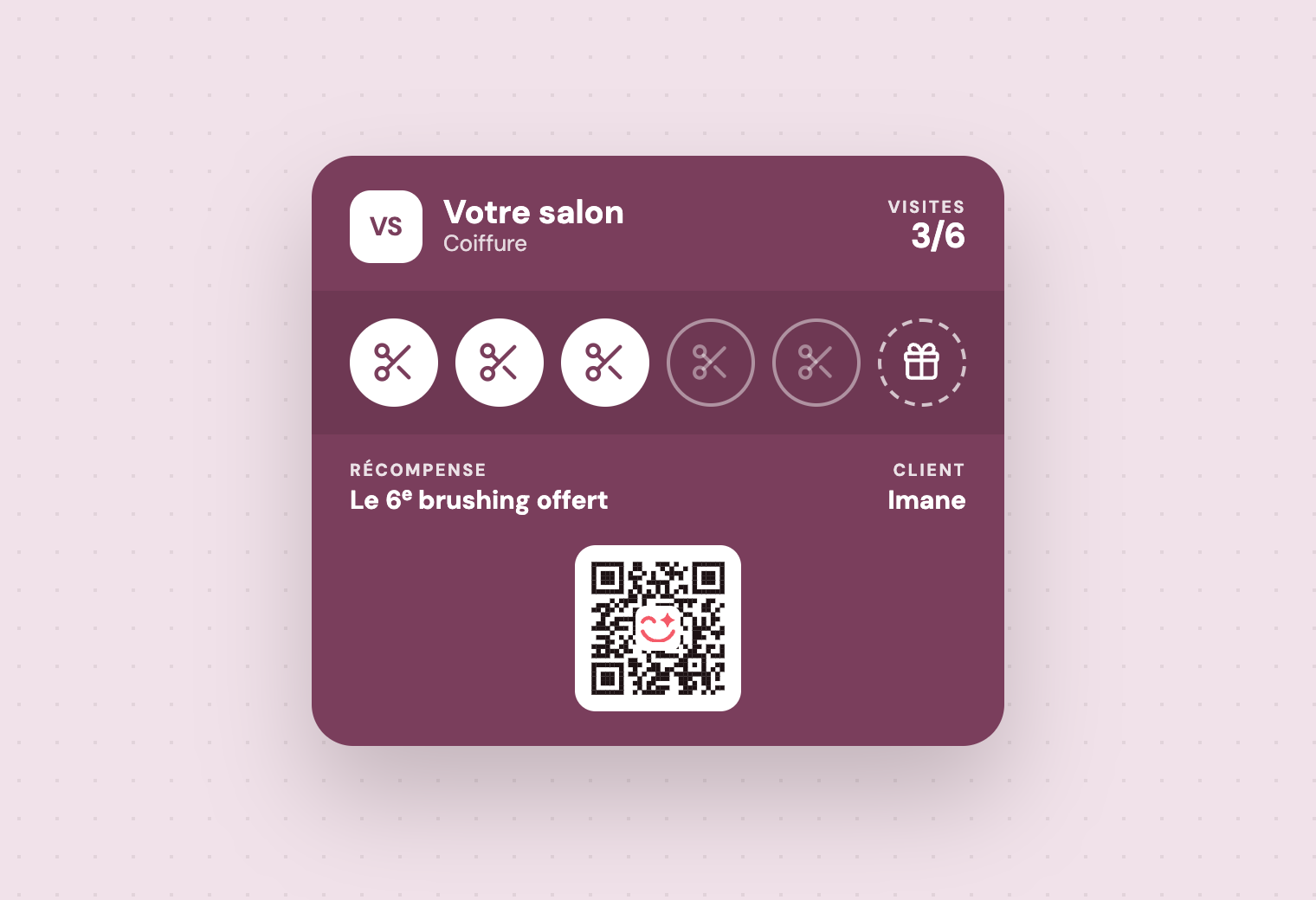Carte « Votre salon » couleur prune, 3 visites sur 6, le 6ᵉ brushing offert