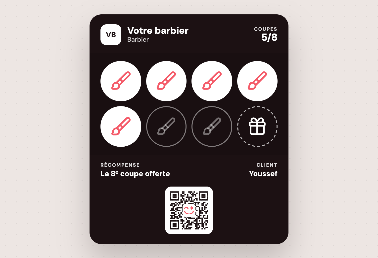 Carte « Votre barbier » noire avec des tampons corail, 5 coupes sur 8
