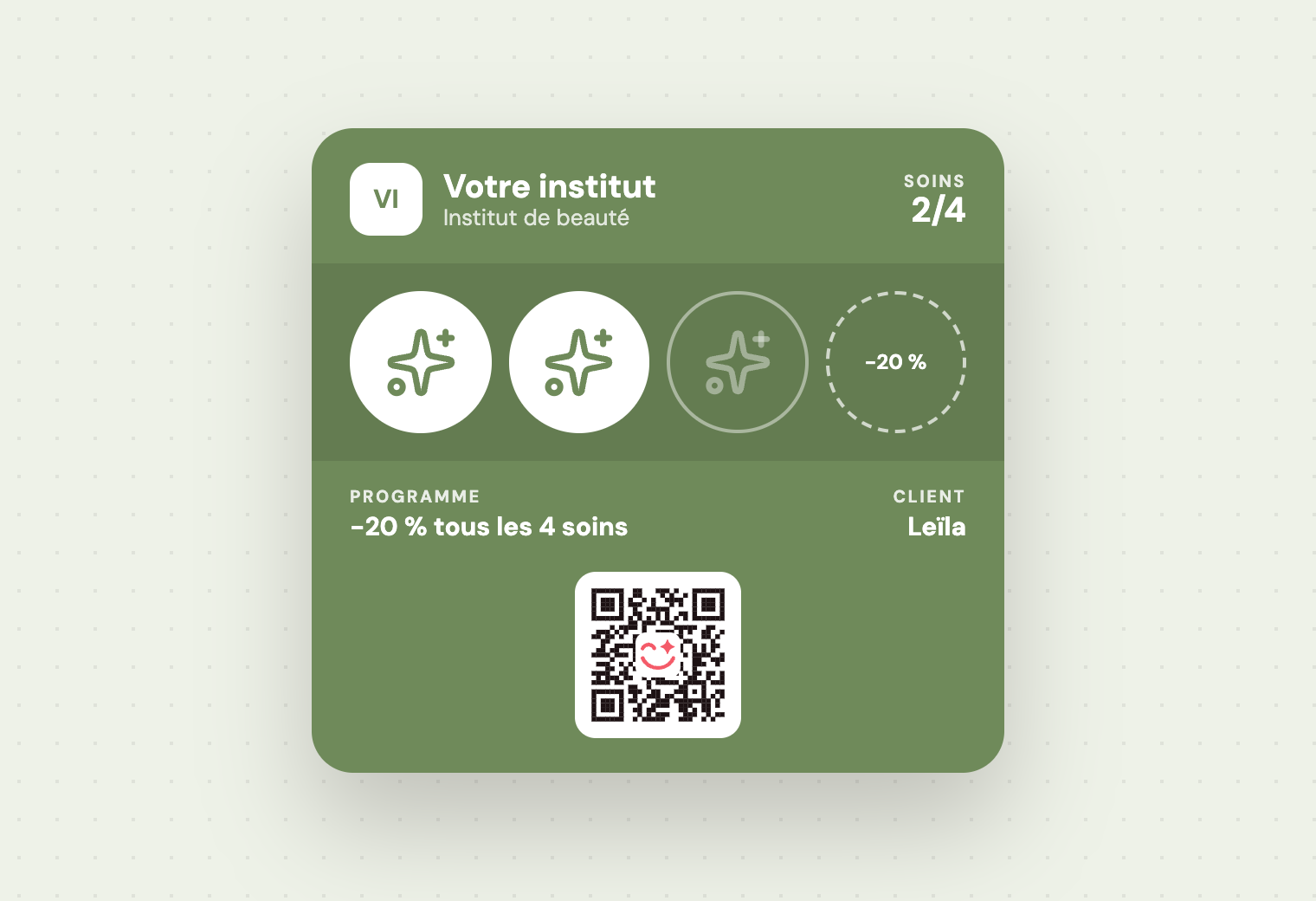 Carte « Votre institut » vert sauge : −20 % tous les 4 soins
