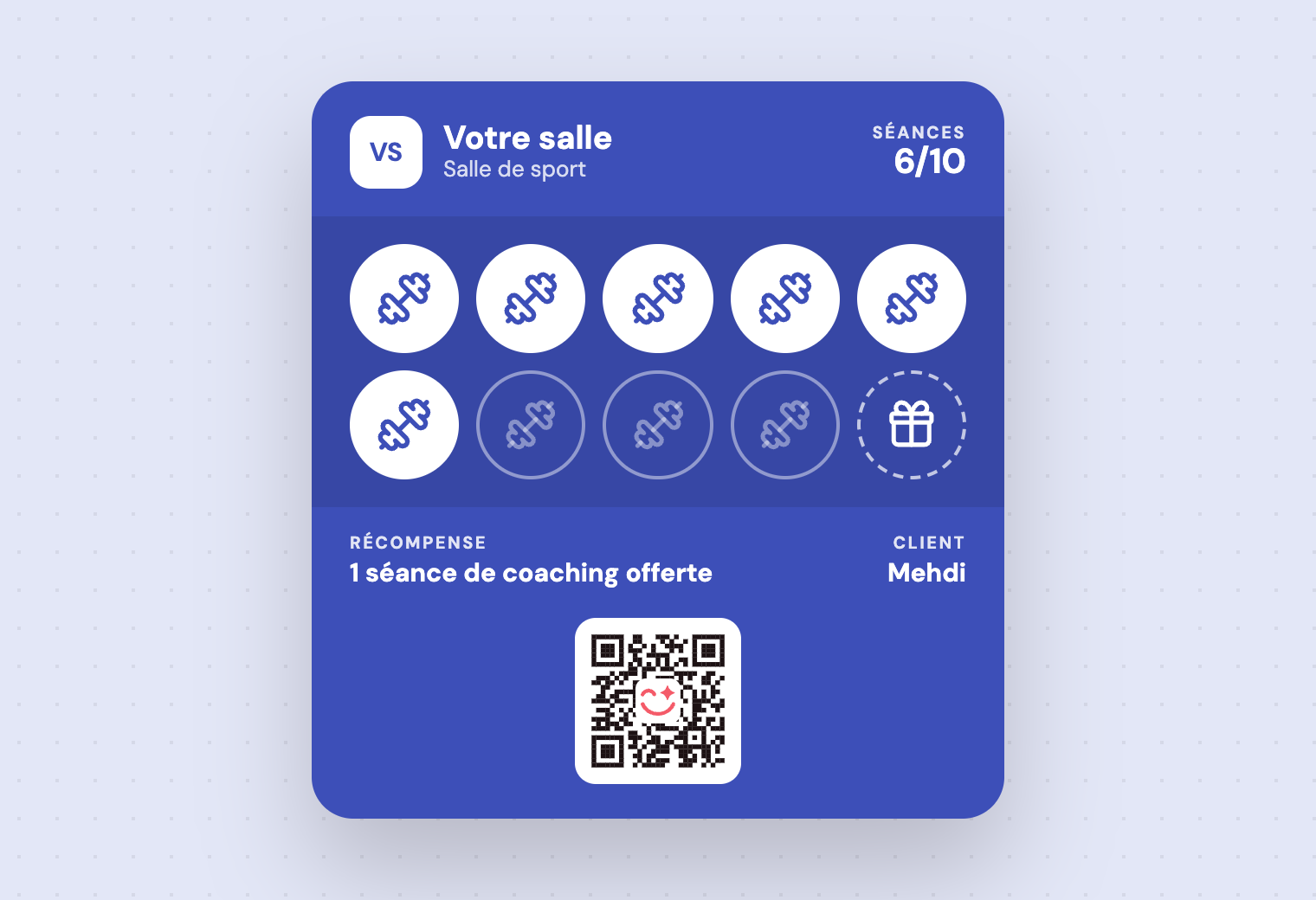 Carte « Votre salle » bleue : 6 séances sur 10, une séance de coaching offerte