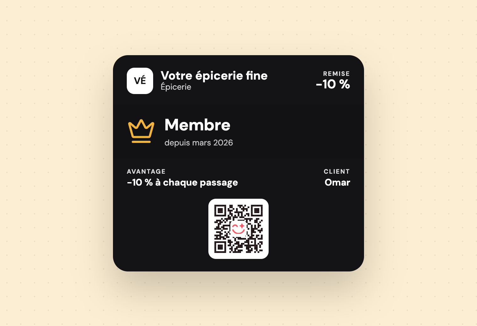 Carte « Votre épicerie fine » noire et or : membre, −10 % à chaque passage